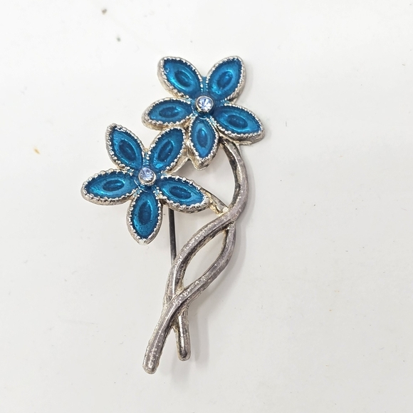 Vintage blue enamel two flower brooch pin silver tone accessories jewelry - Picture 3 of 6